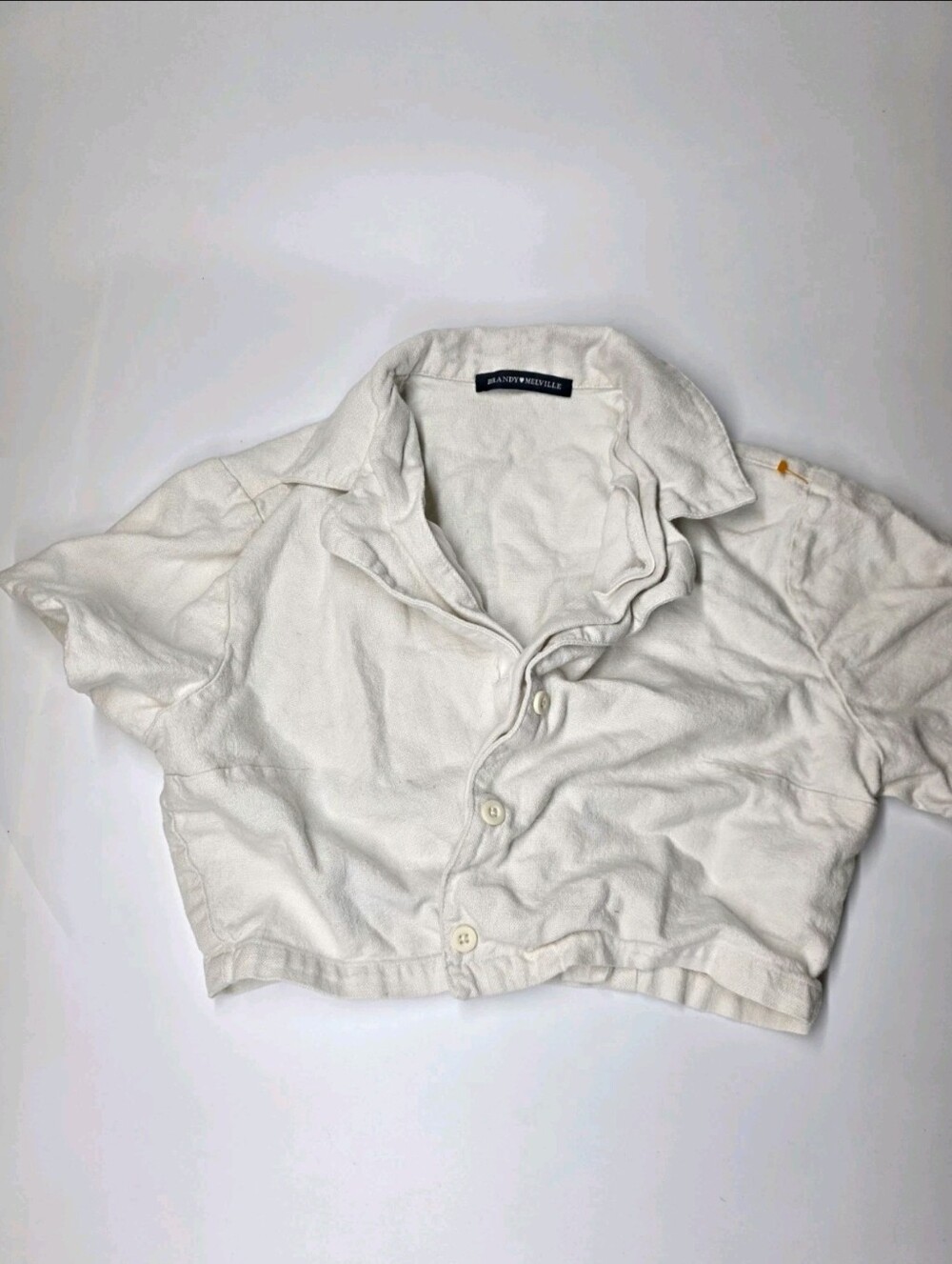 βBrandy Melville White Short Sleeve Button Down Cropped Shirt Top One Size